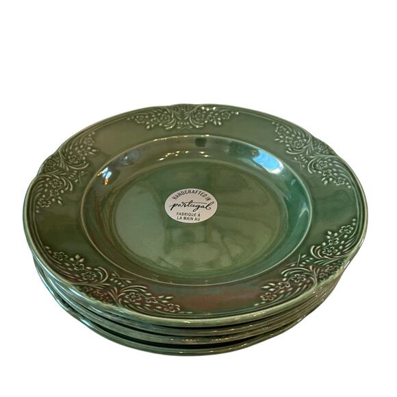 Villa Stoneware Portugal Green Ceramic Bowls 9.5" Floral Border Set of 4 NEW - Picture 7 of 14
